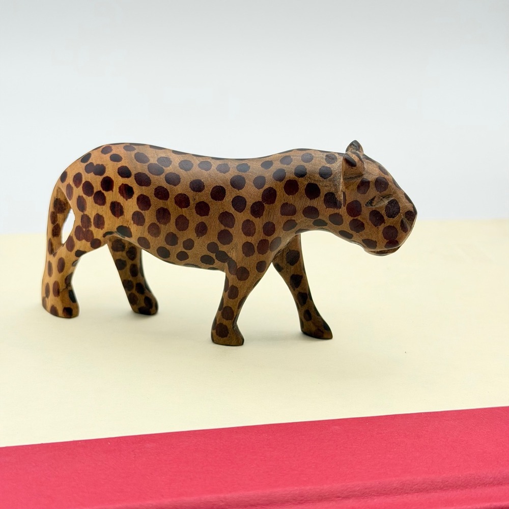 Vintage Hand Carved Wooden Leopard Spotted Big Cat Animal Figurine Jungle 4"